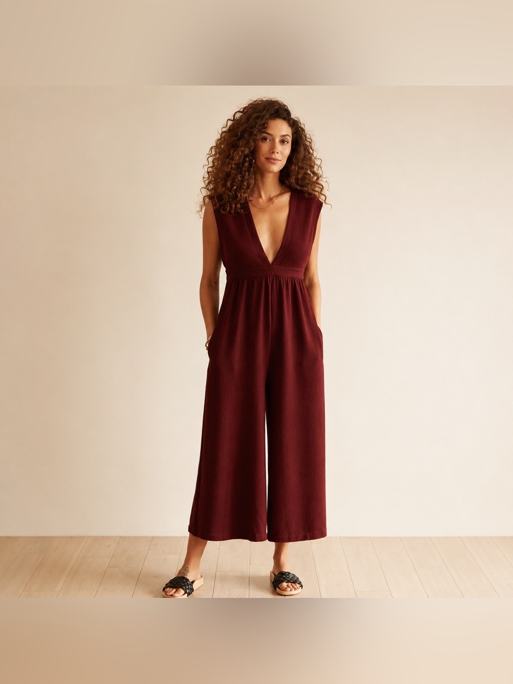 The Odells Paloma Jumpsuit Womens Small Maroon Deep V Wide Leg Boho New